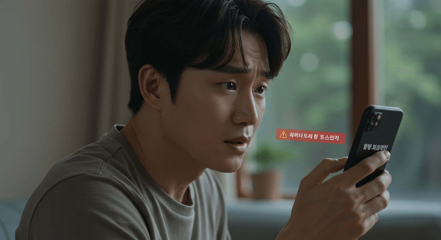 남성이 스마트폰에서 &lsquo;의심 문자 감지&rsquo; 경고 화면을 보고 걱정하는 모습 2