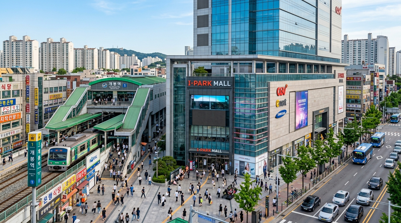 현대적인 쇼핑몰과 개봉역의 역동적인 조화