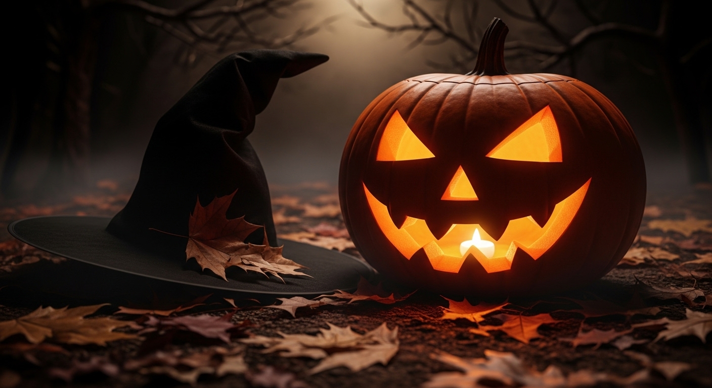 잭오랜턴과 호박, 그리고 마녀 모자가 놓인 신비로운 분위기의 배경