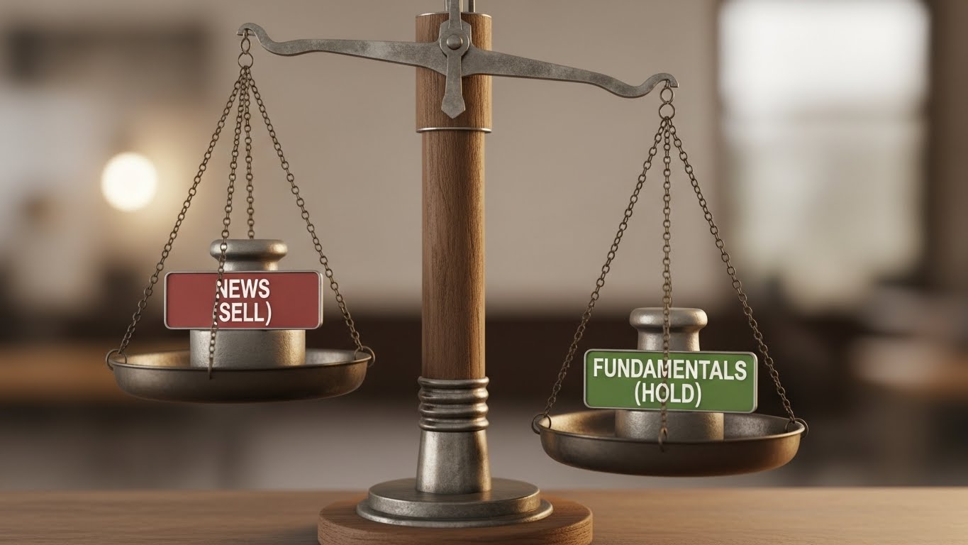 A balanced scale One side labeled 'News (Sell)', the other 'Fundamentals (Hold)', showing the balance tipping towards 'Fundamentals'.