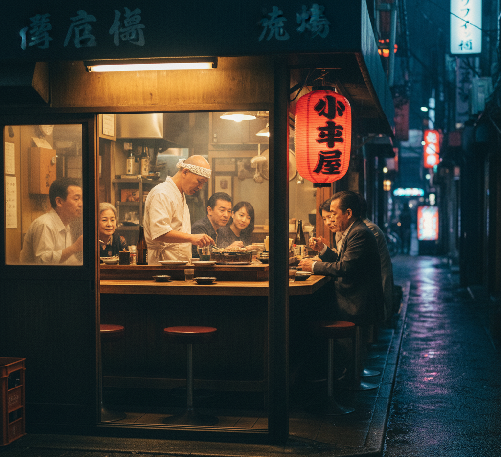 도쿄 신주쿠 골목의 작은 식당, 셰프와 손님들이 따뜻하게 대화하며 식사하는 심야식당 풍경