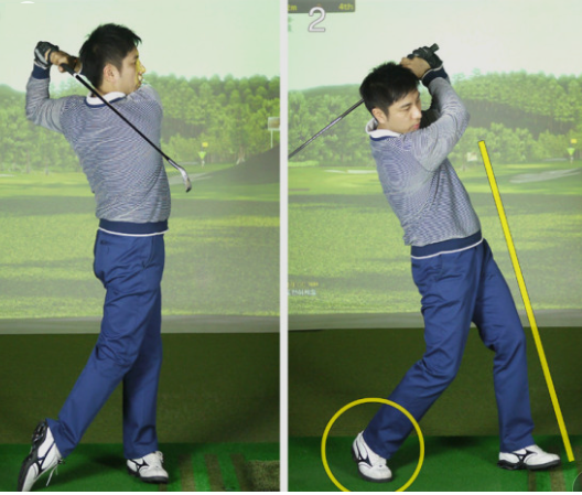 정상적인 자세와 오른쪽으로 쏠리는 피니쉬 자세