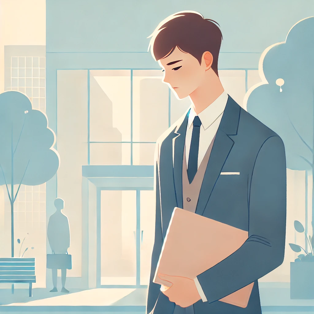 면접을 마치고 건물 밖으로 나오는 청년의 모습. 진지한 표정과 서류를 안은 모습에서 긴장과 감정의 여운이 느껴진다.