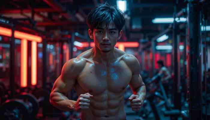 저녁 헬스장에서 고강도 유산소 운동 중인 한국인 남성