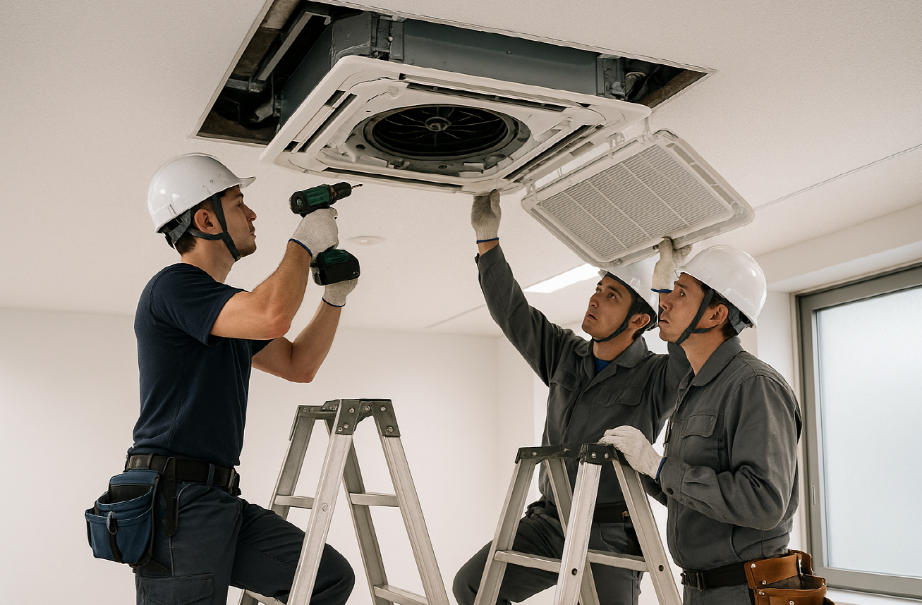 천장형 에어컨 설치하는 사진