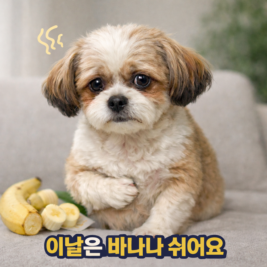 바나나 옆에서 배를 감싸고 앉아 있는 장이 예민해 보이는 강아지와 이날은 바나나 쉬어요라는 문구가 있는 이미지