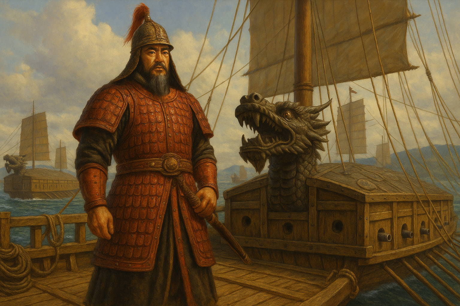 이순신 장군이 거북선에 타있는 모습