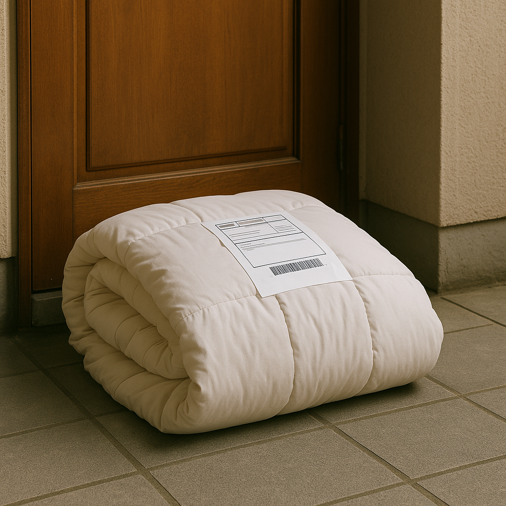 현관 앞에 접어놓은 흰색 이불 위에 대형 폐기물 배출 스티커가 부착된 채로 놓여 있는 장면