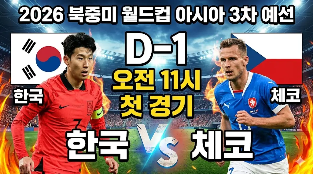 한국 vs 체코 D-1 — 내일 오전 11시 킥오프 손흥민 선발 라인업·무료중계·관전 포인트 완벽 총정리 2026 월드컵