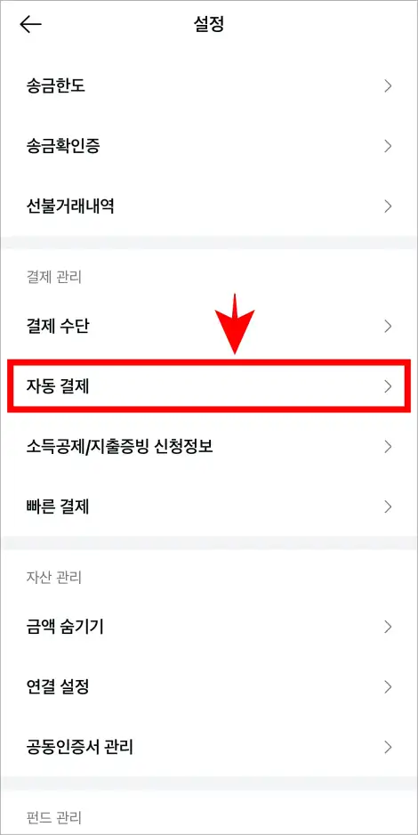 카카오페이 설정에서 '자동 결제'를 선택