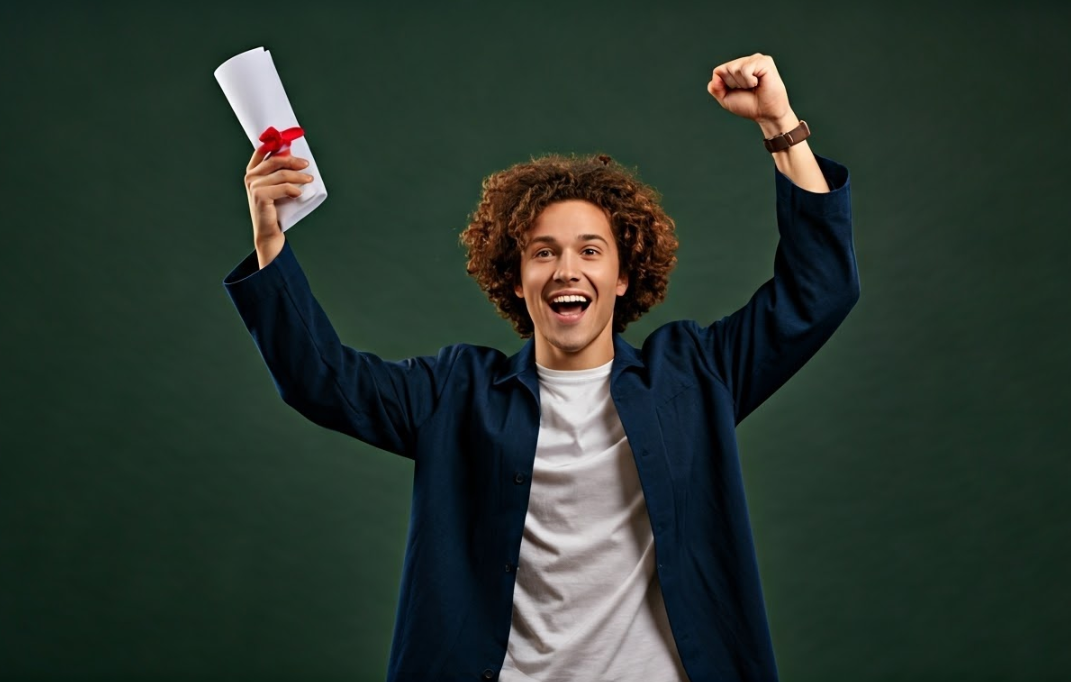 합격증서를 들고 환호하는 백인 청년
