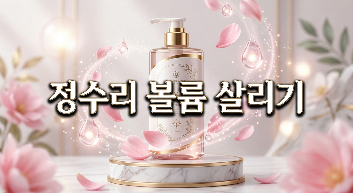 부드러운 분홍색 꽃잎과 빛나는 물방울이 감싸는 단상 위에 세워진 고급스러운 샴푸 병의 3D 일러스트 배경에, 짙은 그림자와 외곽선으로 선명하게 강조된 '정수리 볼륨 살리기'라는 한글 문구가 중앙에 적힌 이미지