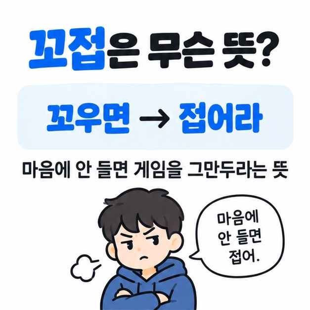 꼬접의 기본 의미인 꼬우면 접어라와 게임 불만 상황을 설명한 카드뉴스