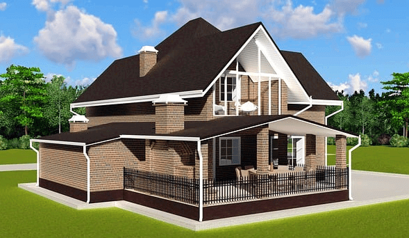 고동색 지붕을 가진 2층 주택이 있다. 연갈색 벽돌로 지어졌고, 푸른 잔디밭이 주변에 깔렸다.