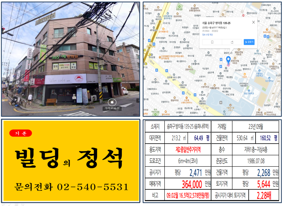 송파구 방이동 135-25번지 건물이 2023년 09월 매매 되었습니다.