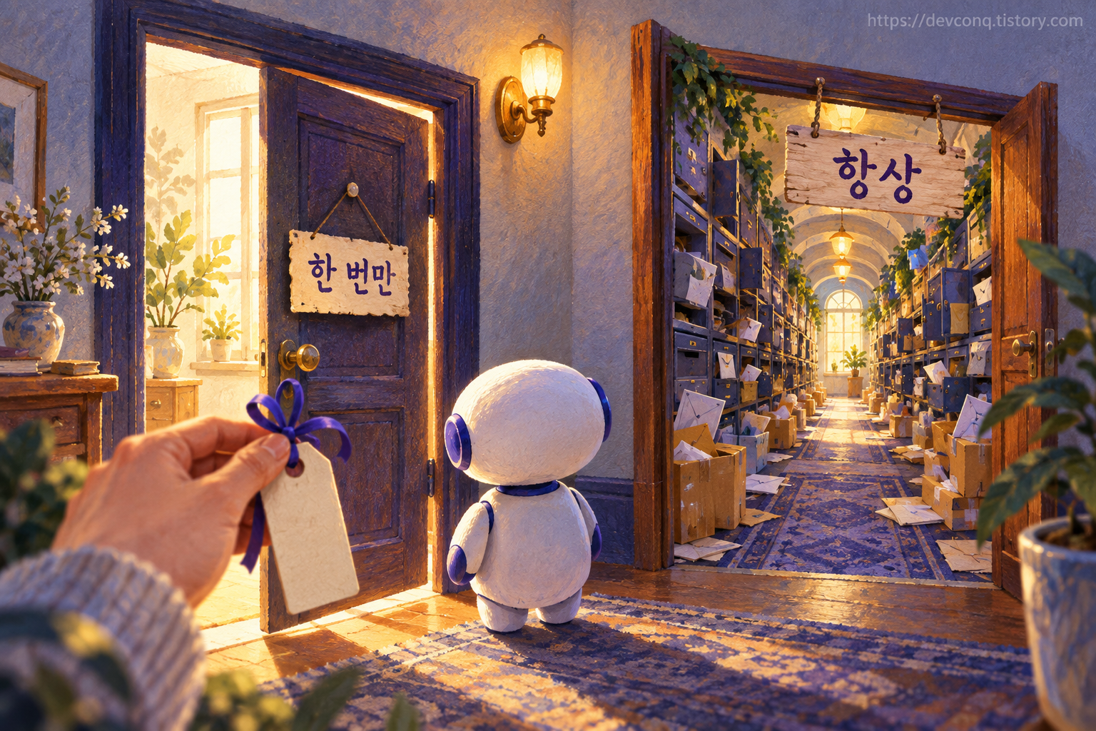 한 번만과 항상이라고 적힌 두 문 앞에 선 작은 로봇 비서와, 어느 문에 꼬리표를 걸지 고르는 손