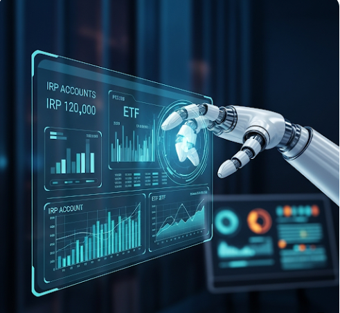 로봇이 IRP 계좌와 ETF 그래프를 관리하는 모습. IRP와 AI 자산관리의 시너지를 강조하는 이미지