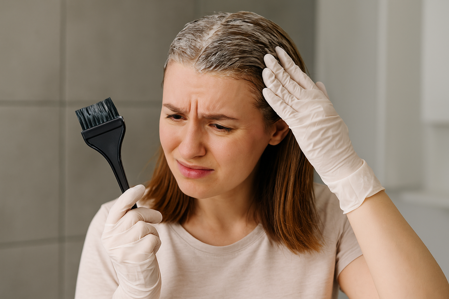 염색 중인 여성이 손으로 두피를 살짝 만지며 불편한 표정을 짓는 장면