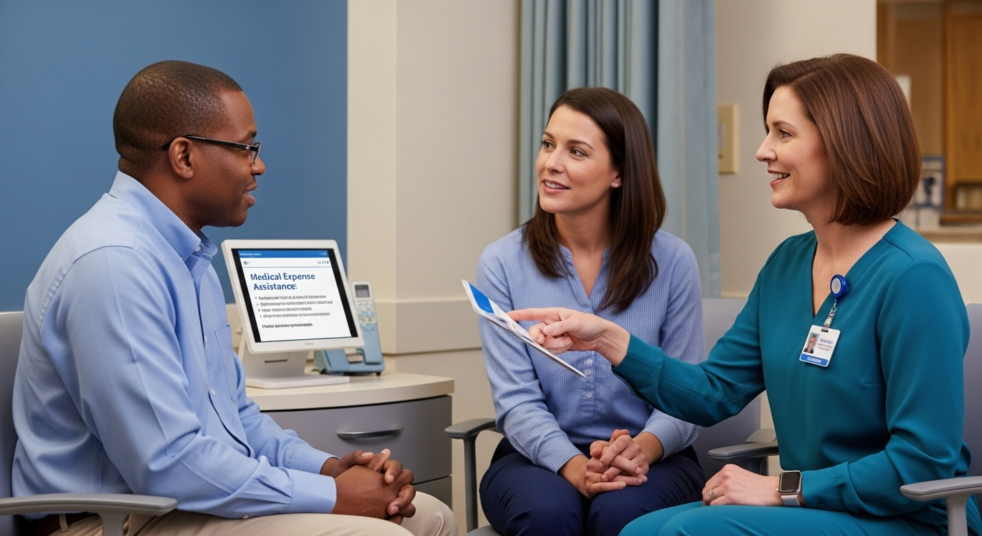 병원 사회복지팀 직원이 신장이식 환자에게 의료비 지원 프로그램과 신청 절차에 대해 상세히 설명하고 상담해주는 모습.