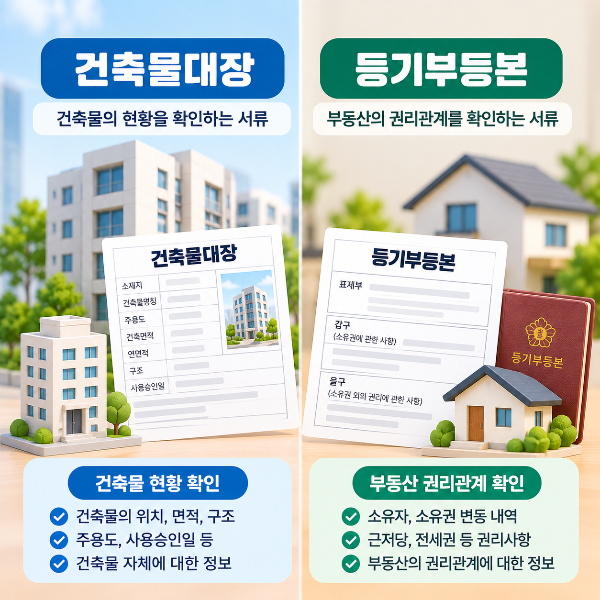 건축물대장은 건축물 현황을 확인하고 등기부등본은 부동산 권리관계를 확인하는 차이를 표현한 이미지