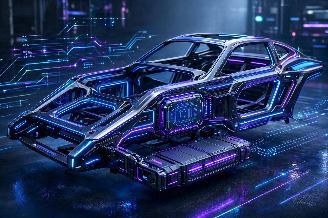 Abstract glowing 3D visualization of a futuristic car chassis integrated with high-tech microchips, digital data streams, and an advanced EV battery pack.
