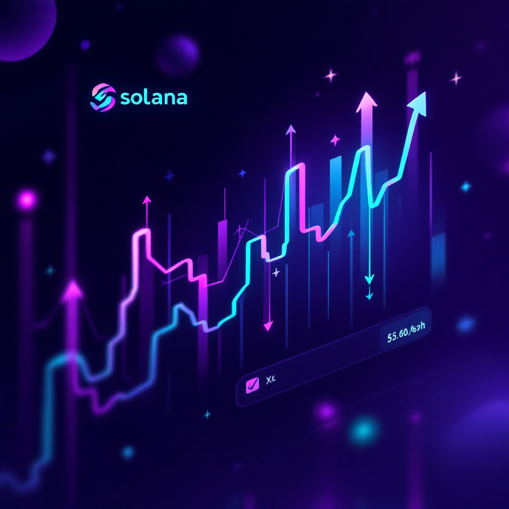 2025년 솔라나 가격 차트와 ETF 승인 기대감을 나타내는 네온 컬러의 미래지향적 이미지