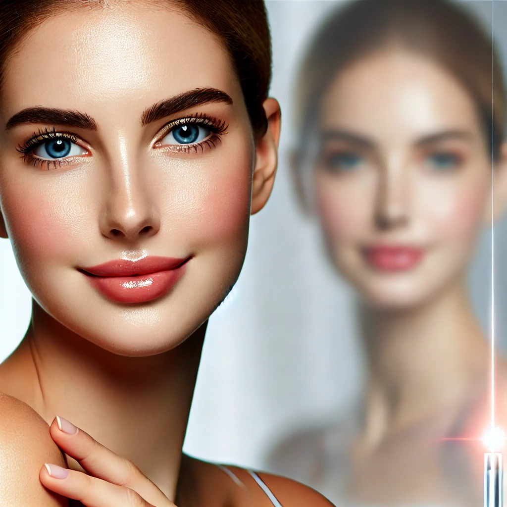 IPL 레이저 시술 후 빛나고 매끄러운 피부를 가진 얼굴. 시술 후 균일한 피부 톤과 밝은 광채가 강조된 모습