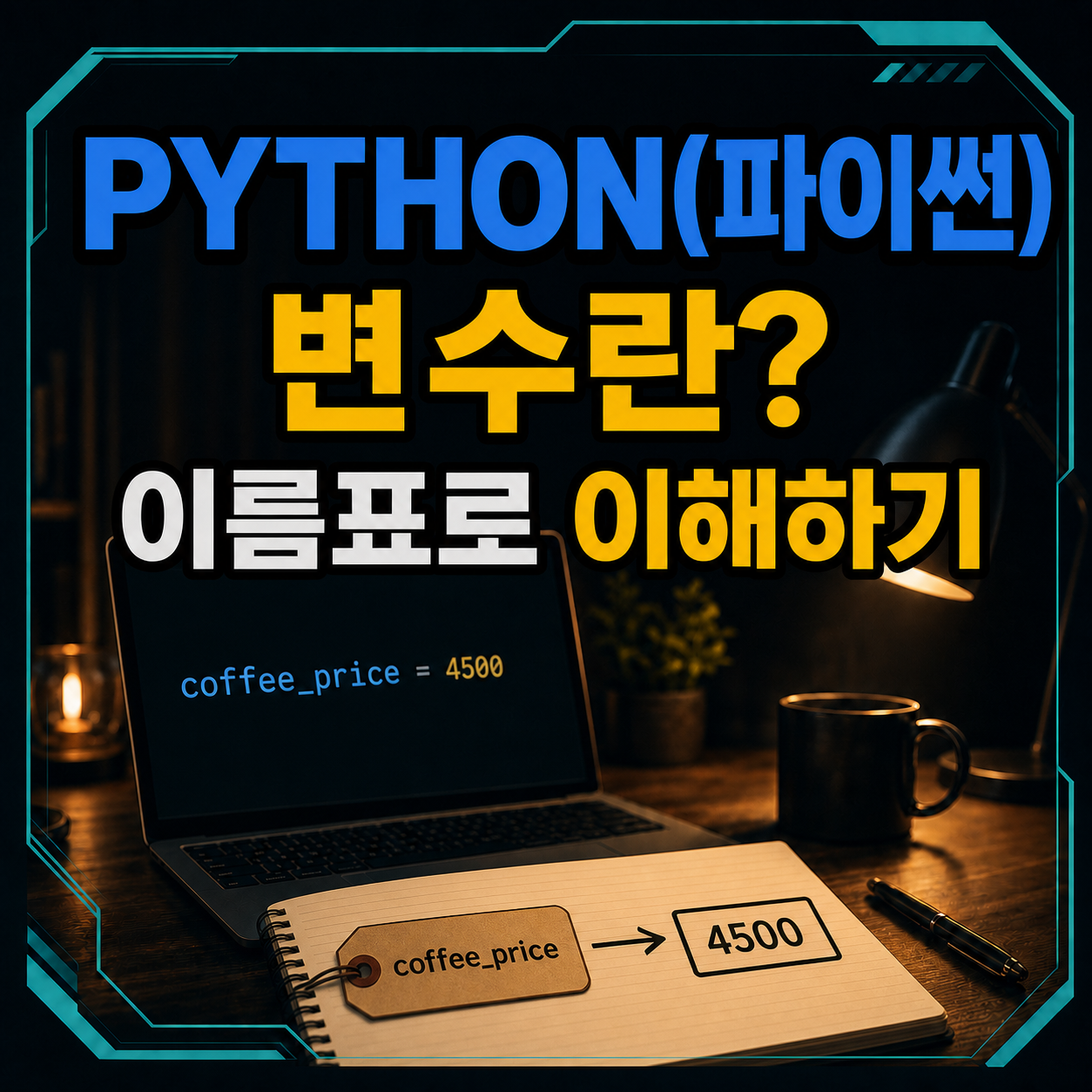 파이썬 변수와 이름 객체의 연결을 이름표 비유로 설명하는 코딩 책상 썸네일
