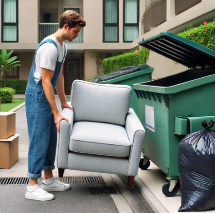1인용 소파를 버리고 있는 남자의 이미지