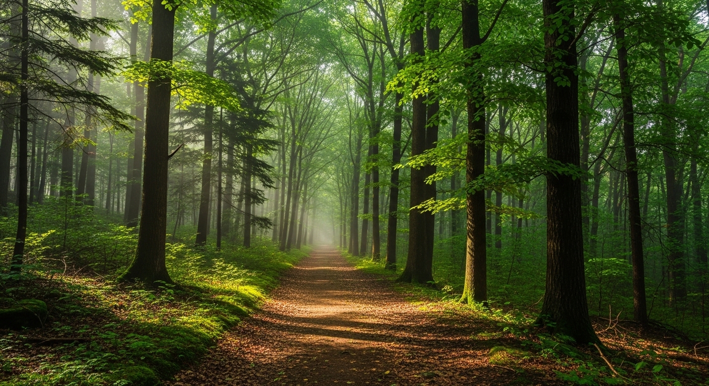 지친 마음을 달래고 새로운 아이디어를 얻기 위해 걷는 초록빛 가득한 맑은 숲길