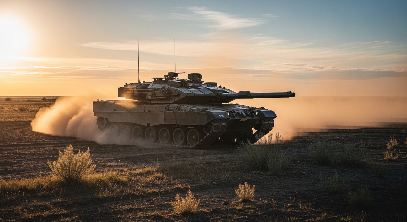 A cinematic shot of a modern K2 Black Panther tank in a vast open field during golden hour, dust trailing behind, representing strength and momentum. Sharp focus, military-grade realism, industrial atmosphere.