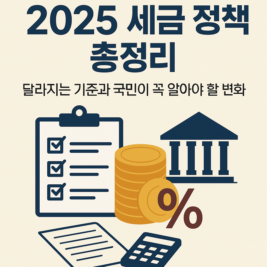 2025 세금 개편안 인포그래픽, 소득세 구간 변경과 재산세 절감 관련 시각자료