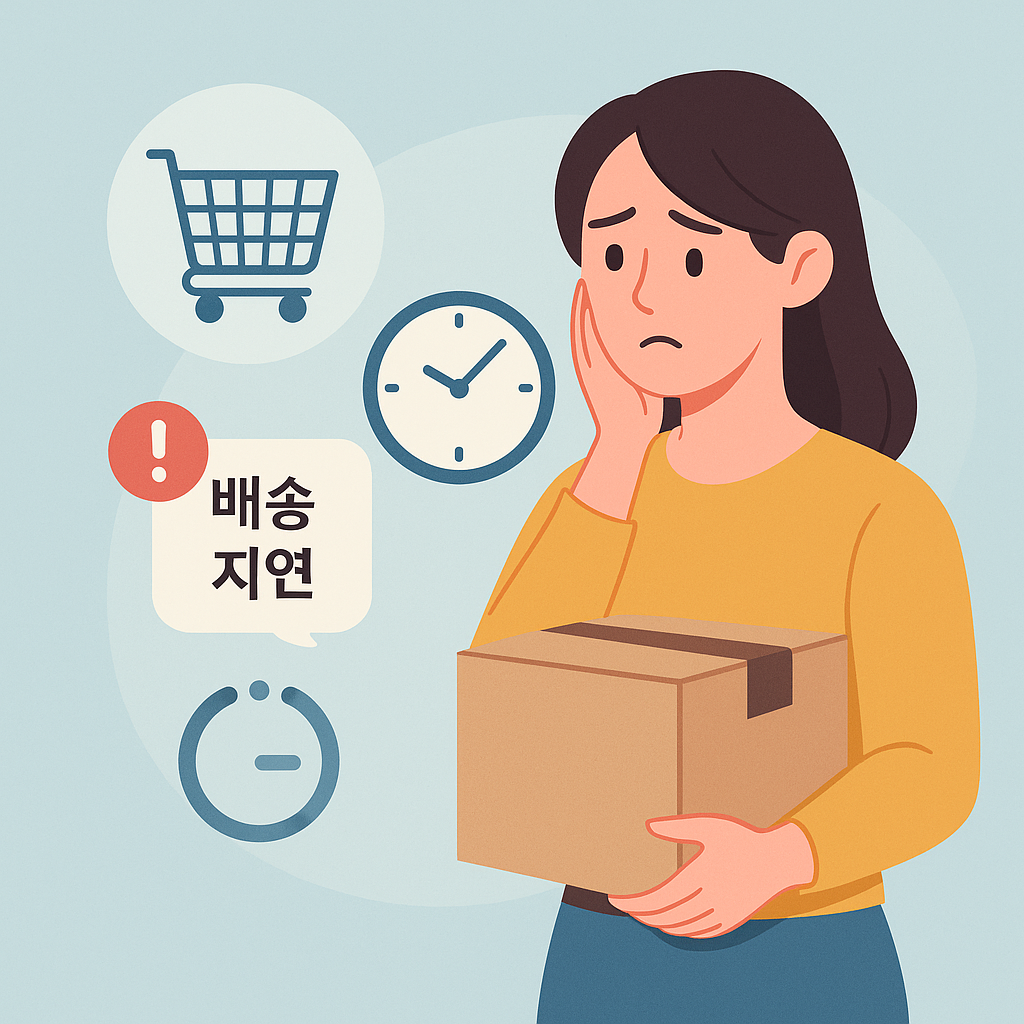 배송 지연으로 걱정하는 사람을 나타내는 인포그래픽 이미지