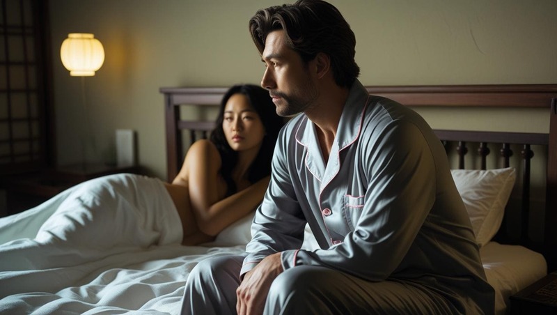남성이 침대에서 아내에게 등을 돌리고서 멍하니 생각헤 잠긴 장면