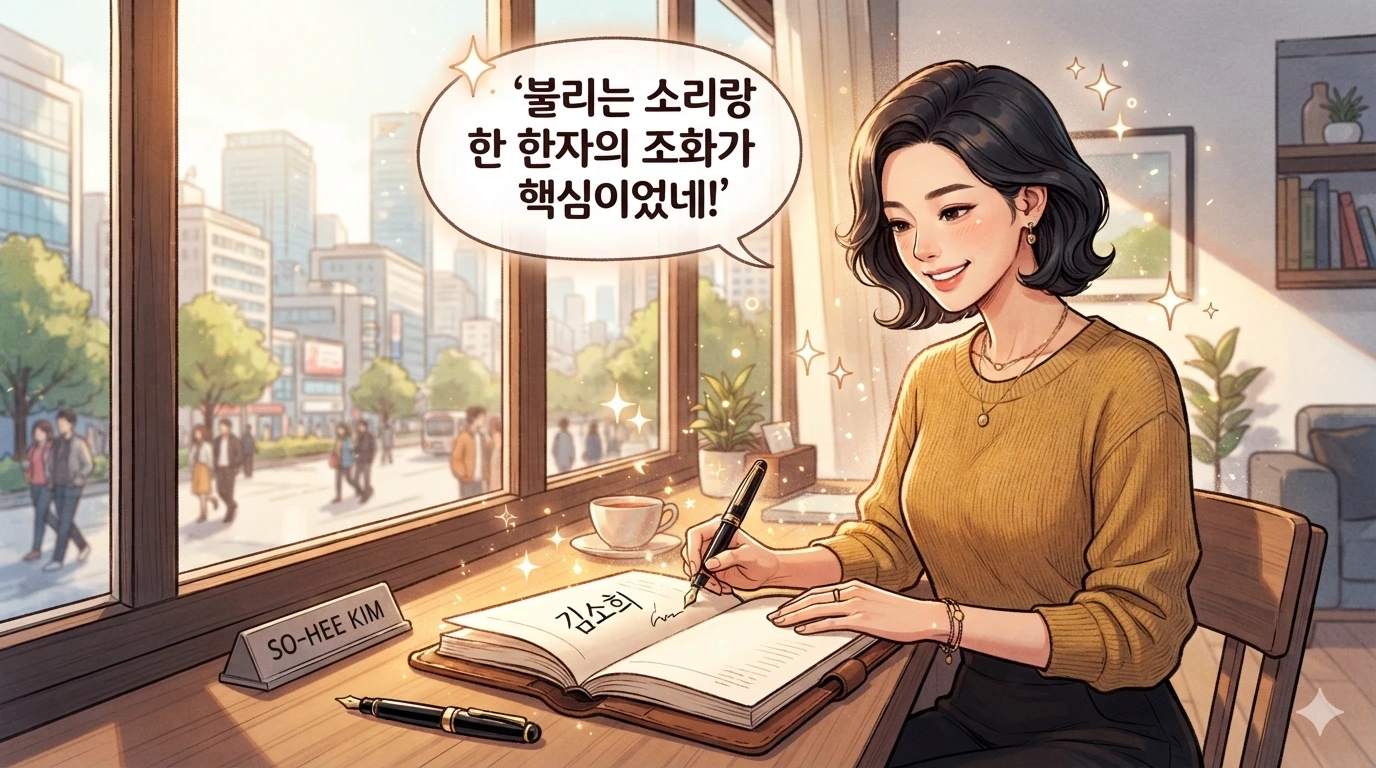 "불리는 소리랑 한자의 조화가 핵심이었네!"라는 말풍선과 함께 자신의 이름에 깃든 균형을 이해하고 만족스럽게 미소 짓는 여성의 웹툰 일러스트 컷.
