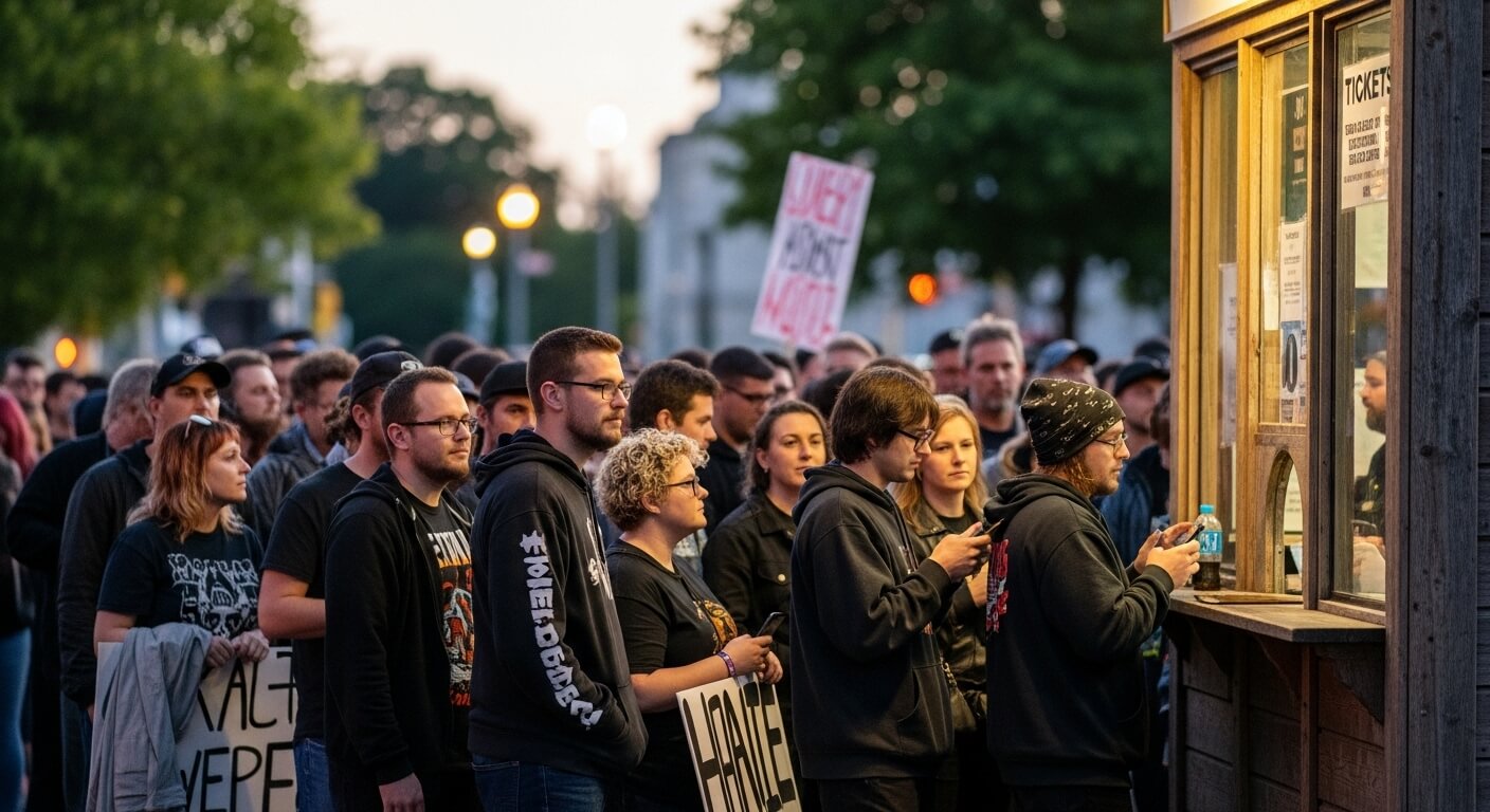 야외 티켓 창구 앞에서 줄 서 있는 관객들