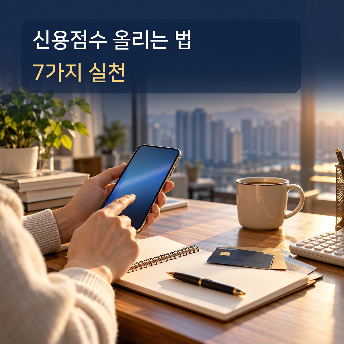 스마트폰으로 신용점수를 살피는 생활금융 책상 장면 위에 신용점수 올리는 법 7가지 실천 문구가 적힌 대표 이미지
