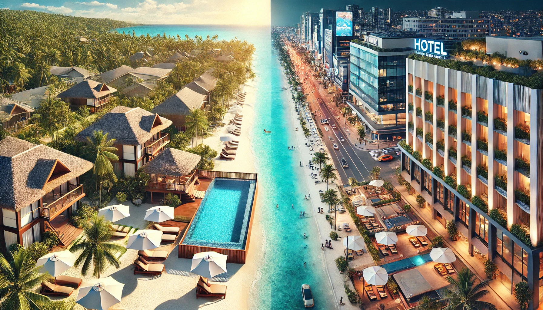 보홀의 해변에 위치한 올인클루시브 리조트와 시내 중심 호텔의 외관 비교 모습