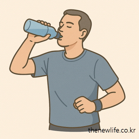 A middle-aged man is drinking water from a bottle during outdoor activity on a hot day. / 무더운 날 야외 활동 중인 중년 남성이 열사병 예방으로 물병으로 물을 마시는 모습/열사병과 일사병의 차이 설명 이미지