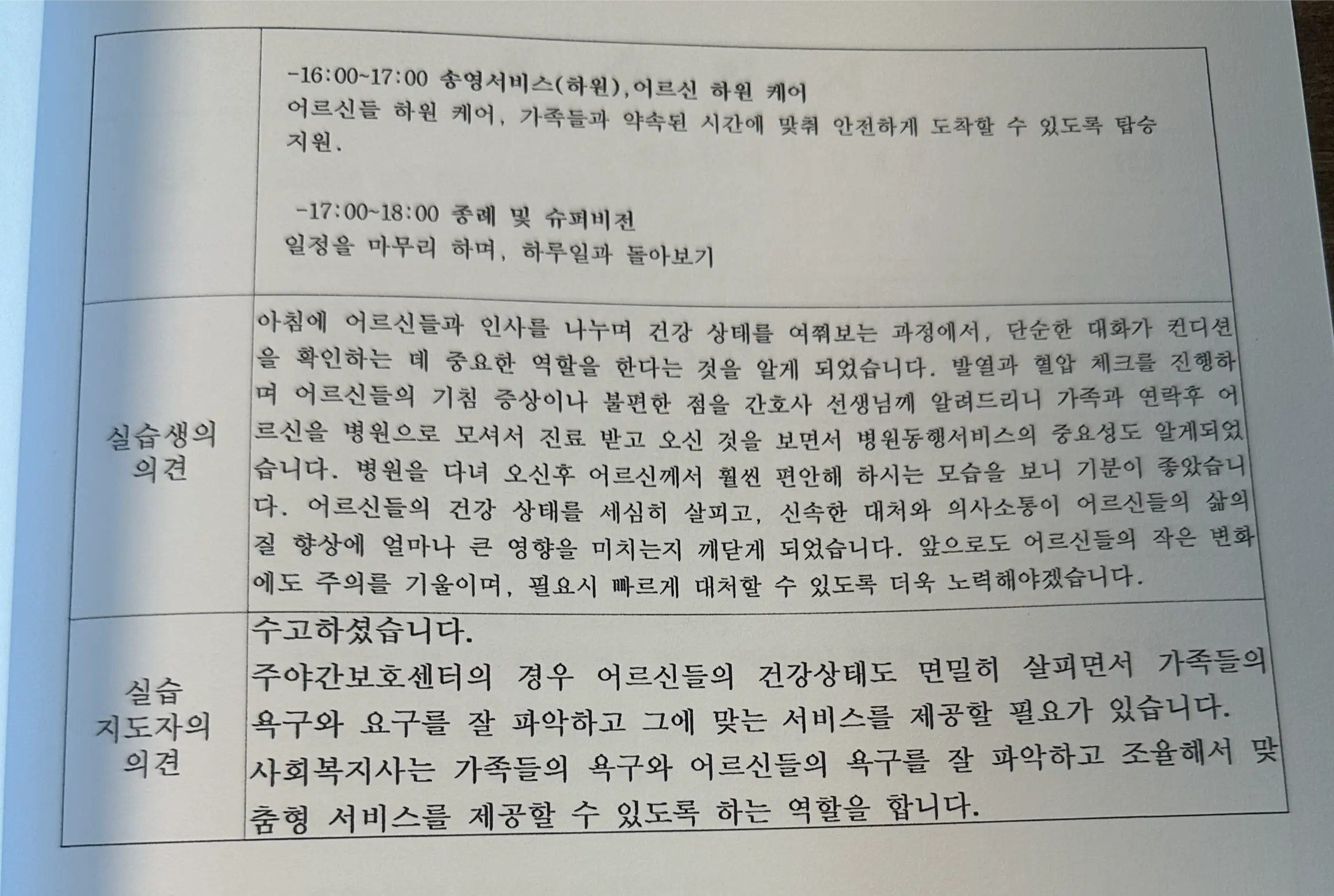 사회복지사 실습일지 실습생 의견 작성 예시