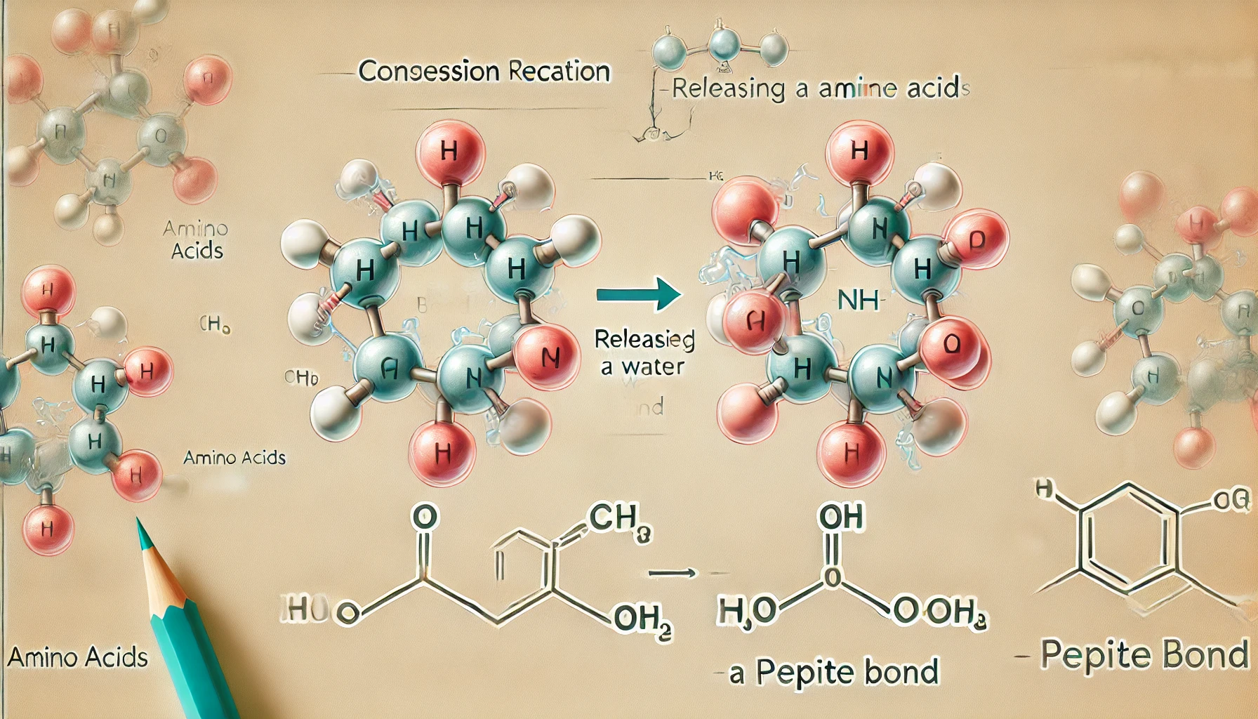 아미노산 결합 과정(펩타이드 결합)을 나타내는 분자 모델