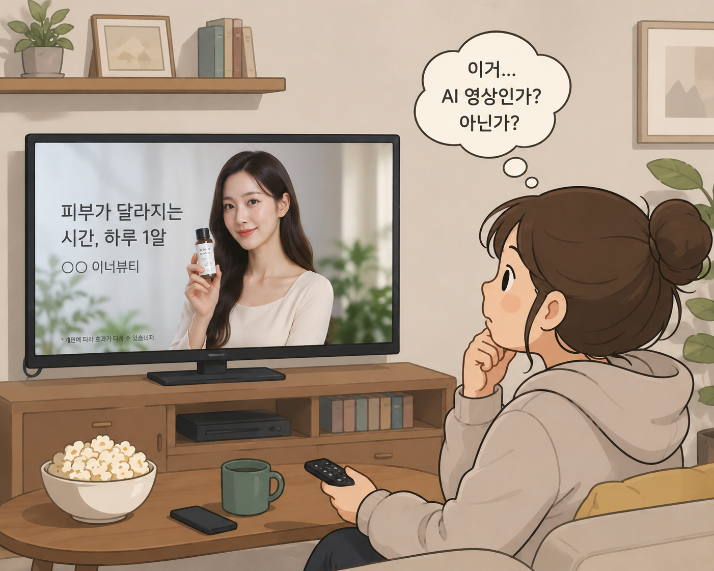 TV 광고 속 모델이 실제 사람인지 AI인지 구분하기 어려워 고민하는 사용자의 모습