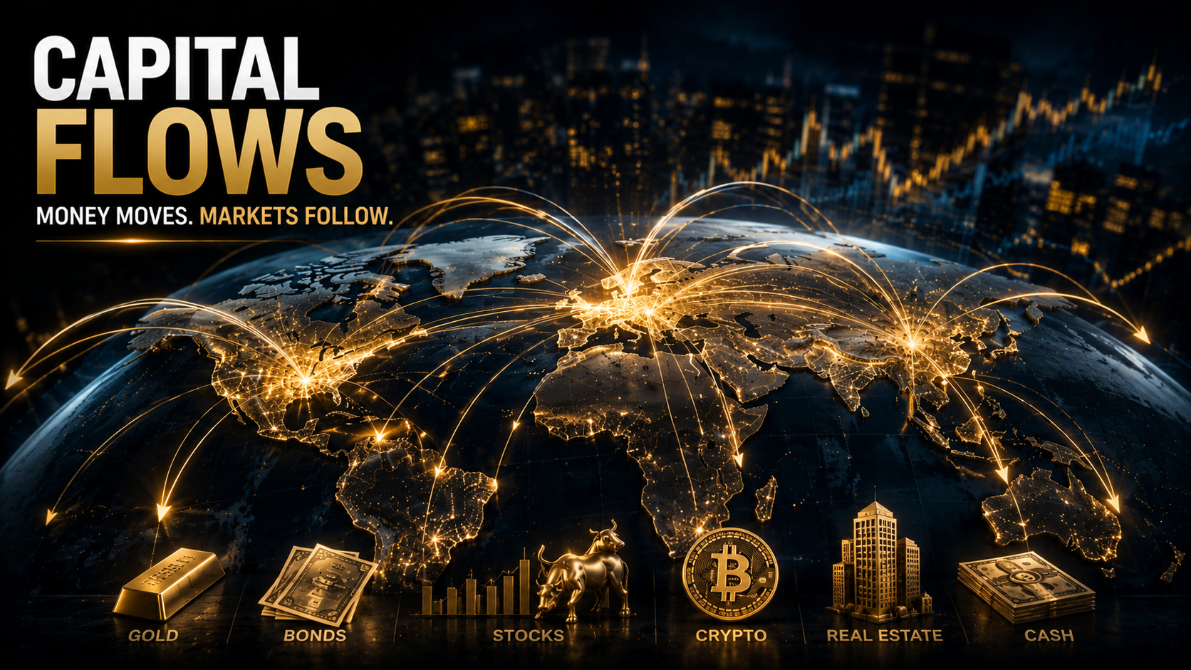 Global capital flows across stocks, bonds, real estate, gold, cash, and cryptocurrency markets