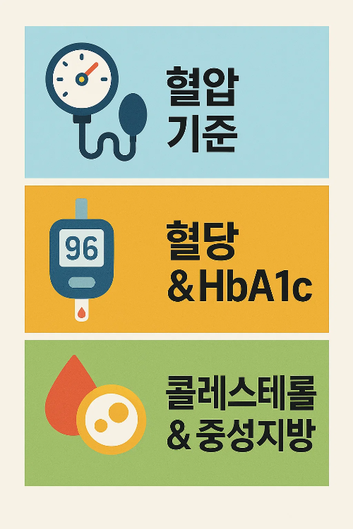 건강검진 결과표에서 자주 확인되는 혈압, 혈당과 HbA1c, 콜레스테롤 및 중성지방 수치 해석 기준을 정리한 인포그래픽으로, 대사증후군 예방과 건강 관리에 도움이 됩니다.