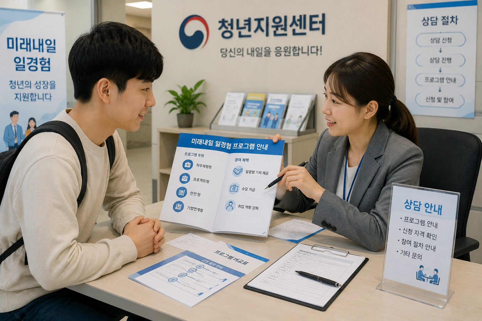 청년이 상담사와 미래내일 일경험 프로그램의 참여 조건과 운영 방식을 상담받는 모습