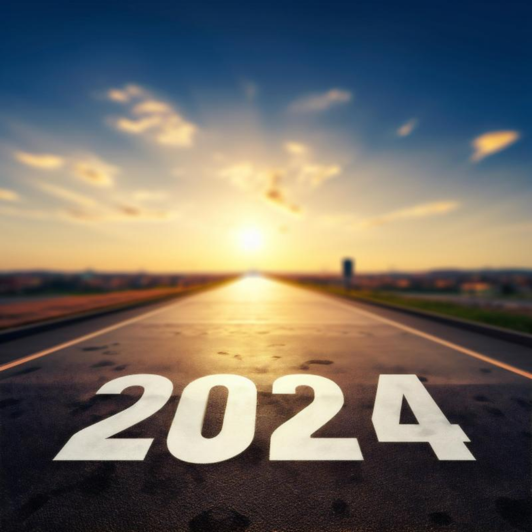 길 끝에 태양이 떠오르고 길 안쪽에는 2024라고 적혀있다.