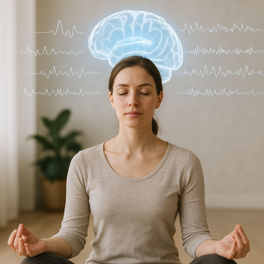 명상 중 뇌파 변화를 나타내는 여성의 모습(출처**자체제작)