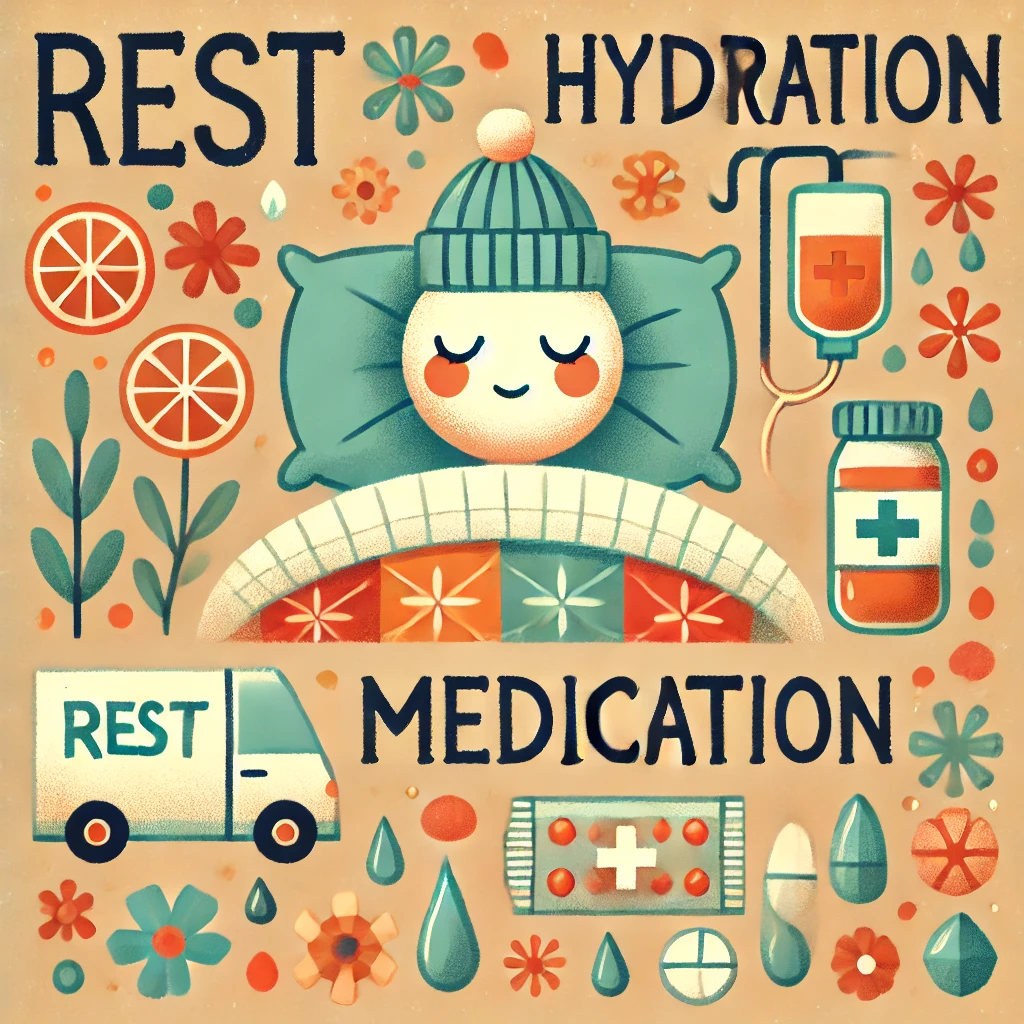 치료 방법을 상징하는 이미지 (약물, 침대에서 쉬는 모습)