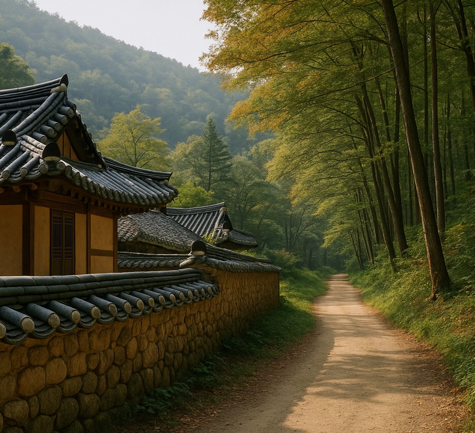 산 나무 사이 길 사진