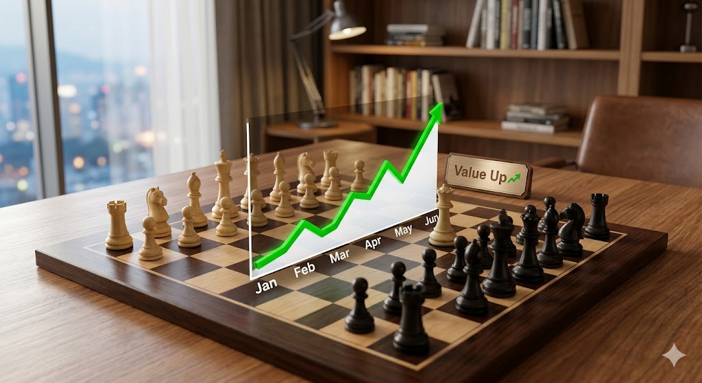 상향 곡선을 그리는 주가 차트와 'Value Up' 문구가 적힌 체스판 이미지